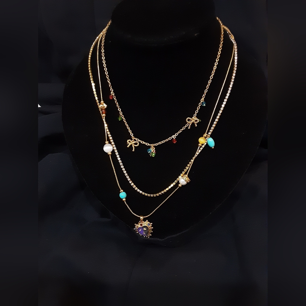 Elegant Gold Multi-Layer Necklace with Colorful Accents J121